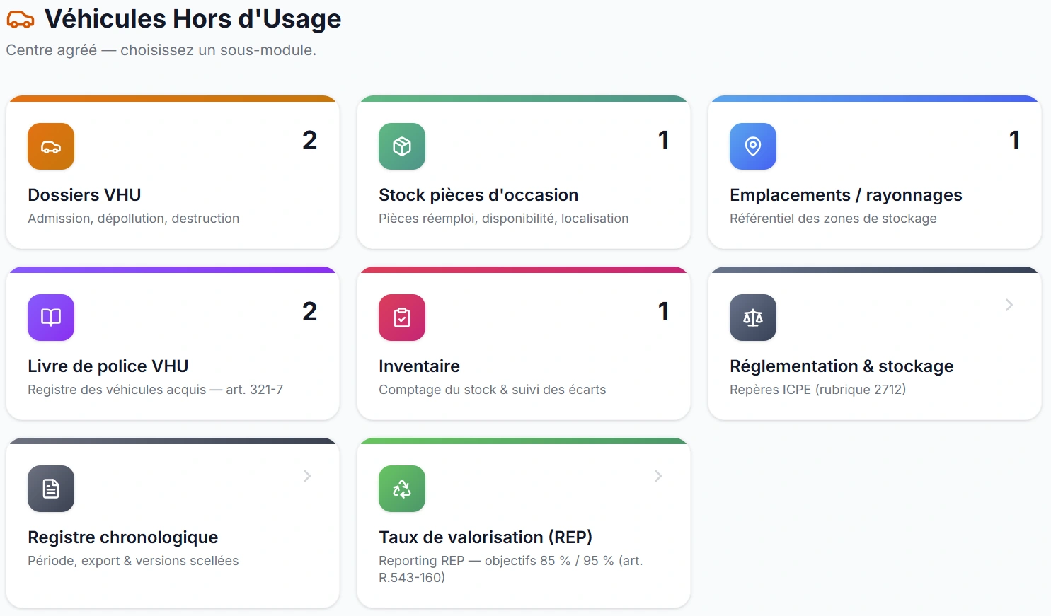 Capture d'écran du module VHU — Véhicules hors d'usage dans Okapia OS